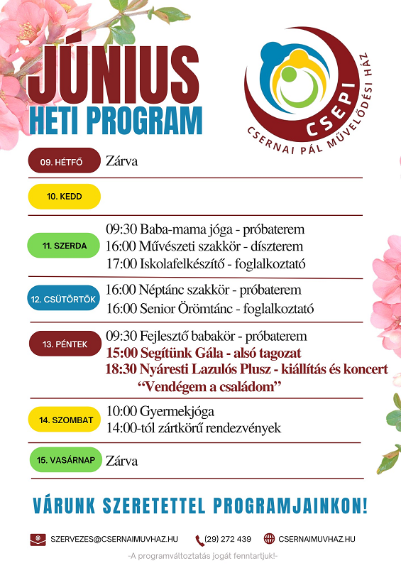 A Csernai Pál Művelődési Ház e heti programjai
