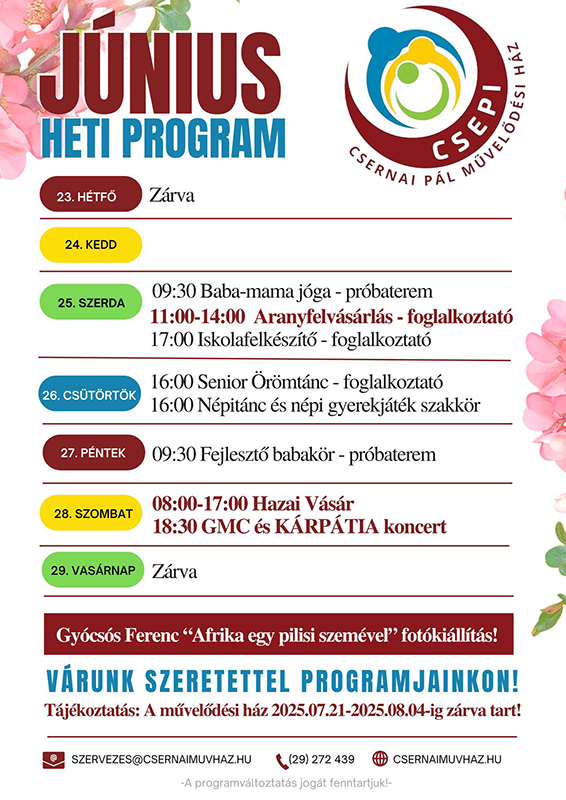 A Csernai Pál Művelődési Ház e heti programjai
