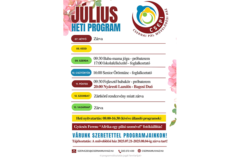 A Csernai Pál Művelődési Ház e heti programjai
