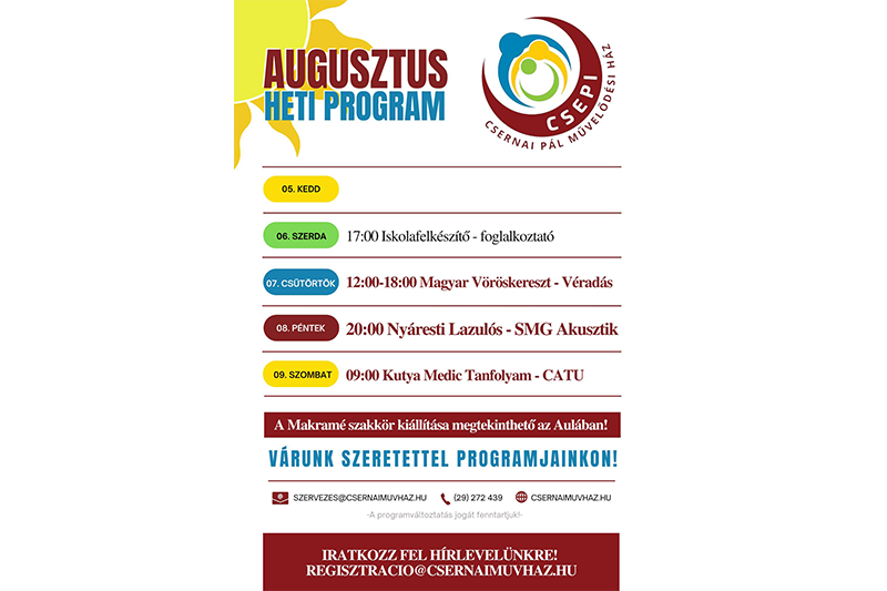 A Csernai Pál Művelődési Ház e heti programjai