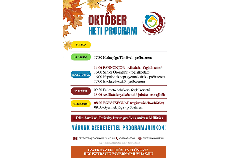 A Csernai Pál Művelődési Ház e heti programjai