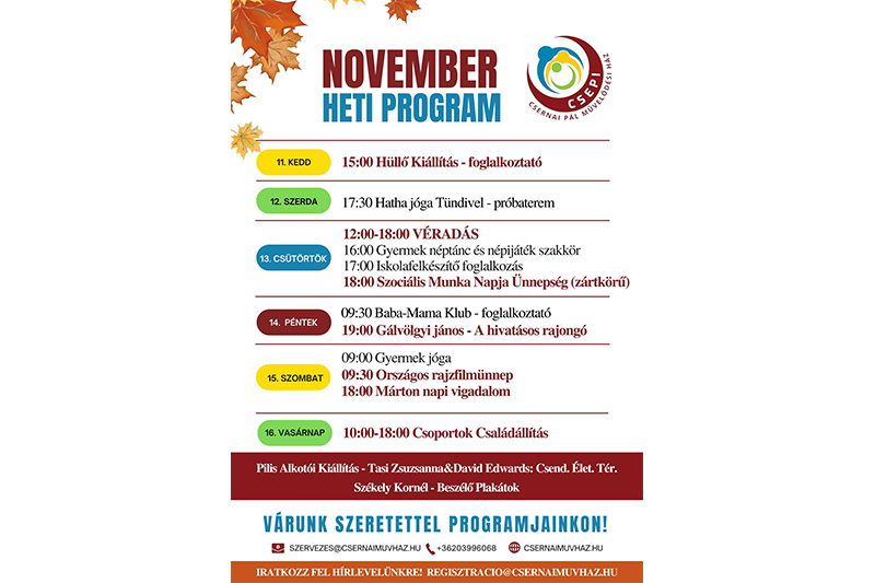 A Csernai Pál Művelődési Ház e heti programjai