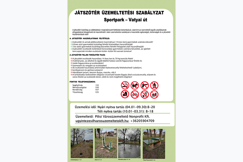 Játszótér üzemeltetési szabályzat – Sportpark - Vatyai út