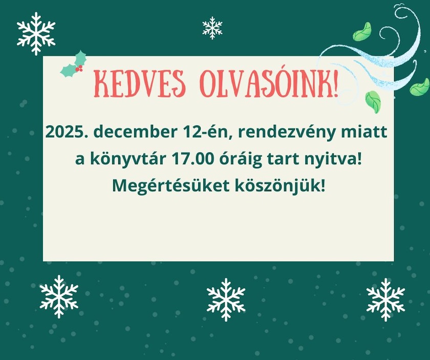 Tájékoztató a Kármán József Városi Könyvtár zárva tartásáról