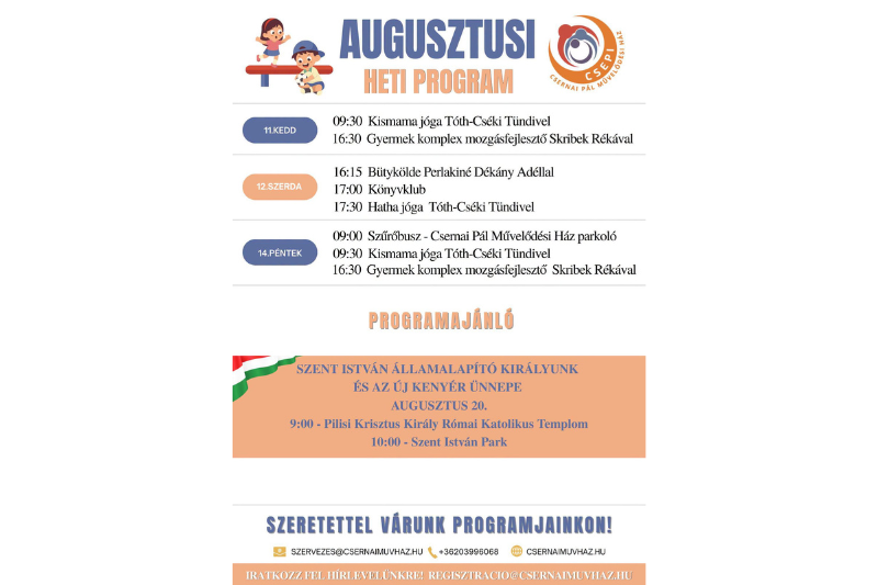 A Csernai Pál Művelődési Ház e heti programjai