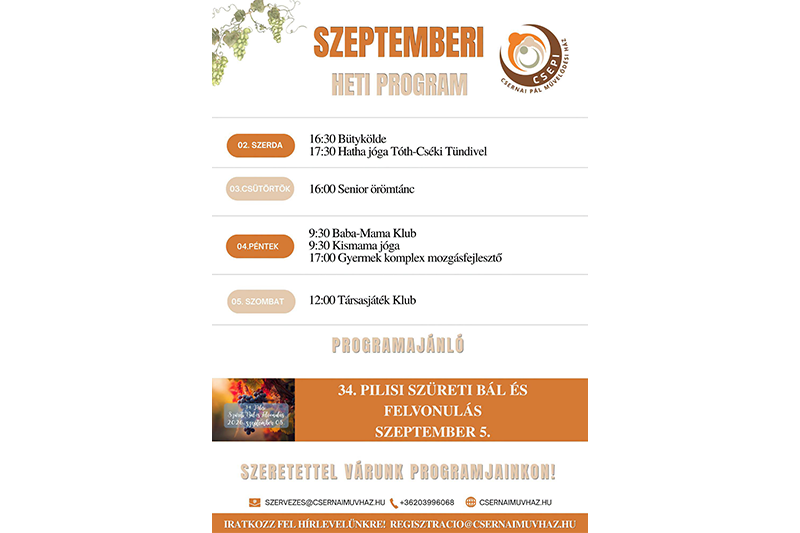 A Csernai Pál Művelődési Ház e heti programjai