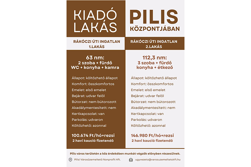 Kiadó két önkormányzati lakás - csak PILISIEKNEK