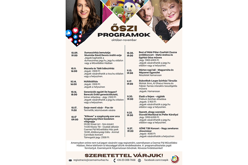 Őszi programok a Csernai Pál Művelődési Házban